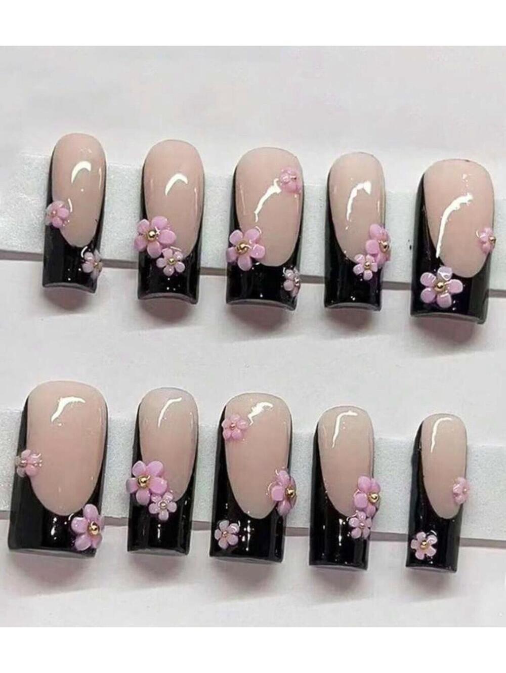 short square Press on nails black French tips pink flowers gold handmade custom